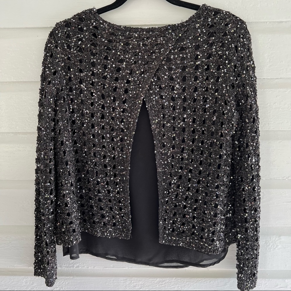 NWT Black Sequin Knit & Chiffon Lightweight Sweater Top - Holiday Style - Picture 5 of 11